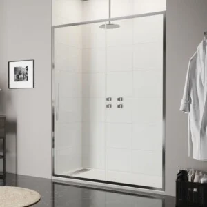Paroi de douche avant VISION 1 fixe -1 porte coulissante. Avec traitement anti-calcaire. Finition CHROME BRILLANT