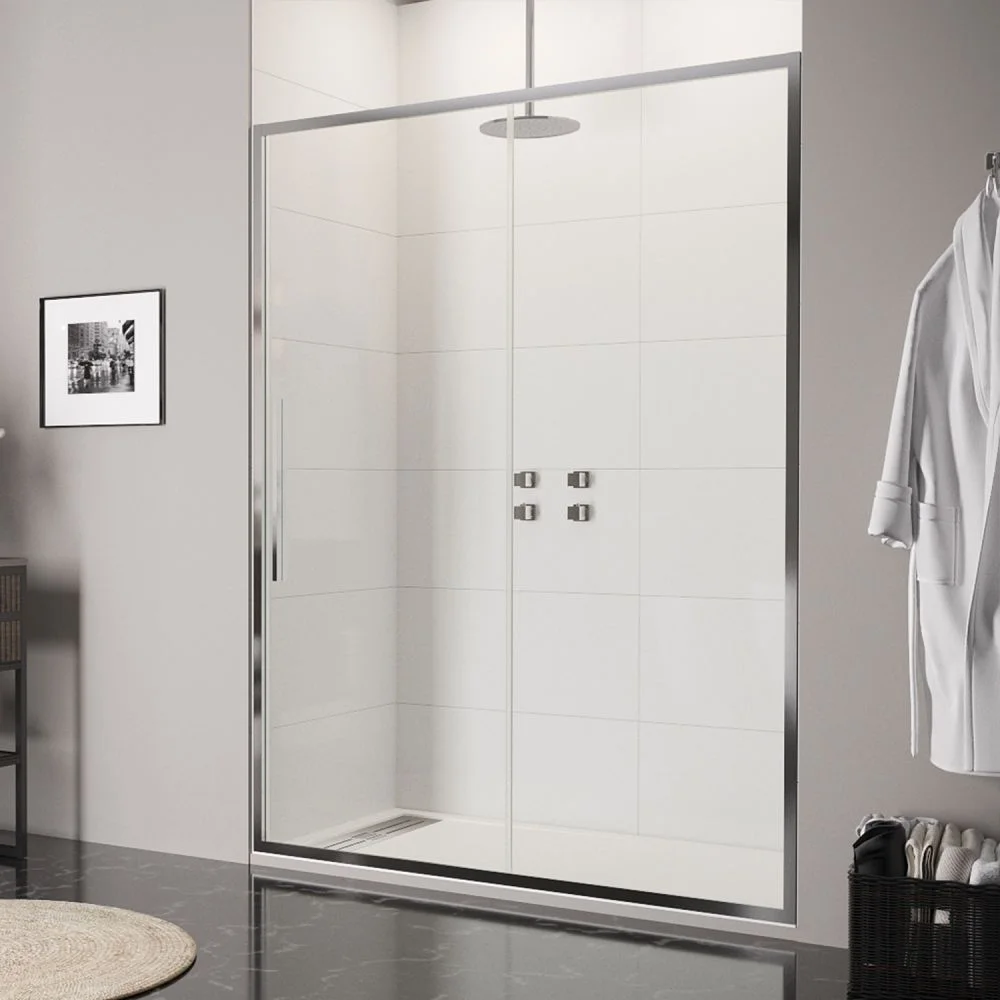 Paroi de douche avant VISION 1 fixe -1 porte coulissante. Avec traitement anti-calcaire. Finition CHROME BRILLANT
