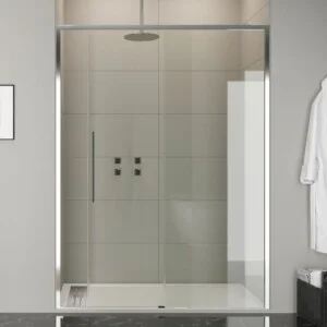 Paroi de douche avant VISION 1 fixe -1 porte coulissante. Pas de profil inférieur. Avec traitement anti-calcaire. Finition CHROME BRILLANT