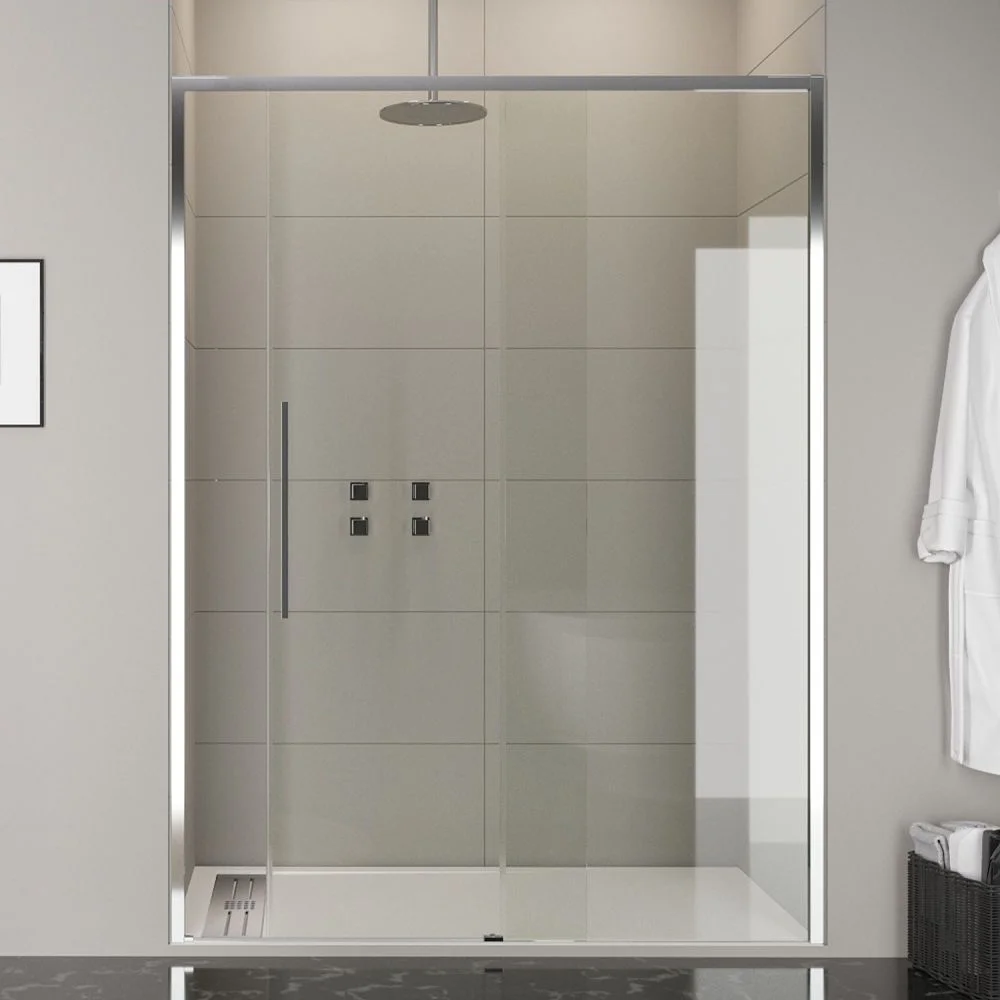 Paroi de douche avant VISION 1 fixe -1 porte coulissante. Pas de profil inférieur. Avec traitement anti-calcaire. Finition CHROME BRILLANT