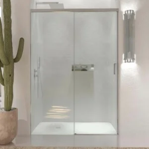 Paroi de douche frontale TECH STEEL 1 fixe – 1 porte coulissante vitrée 8 mm. ACIER INOXIDABLE