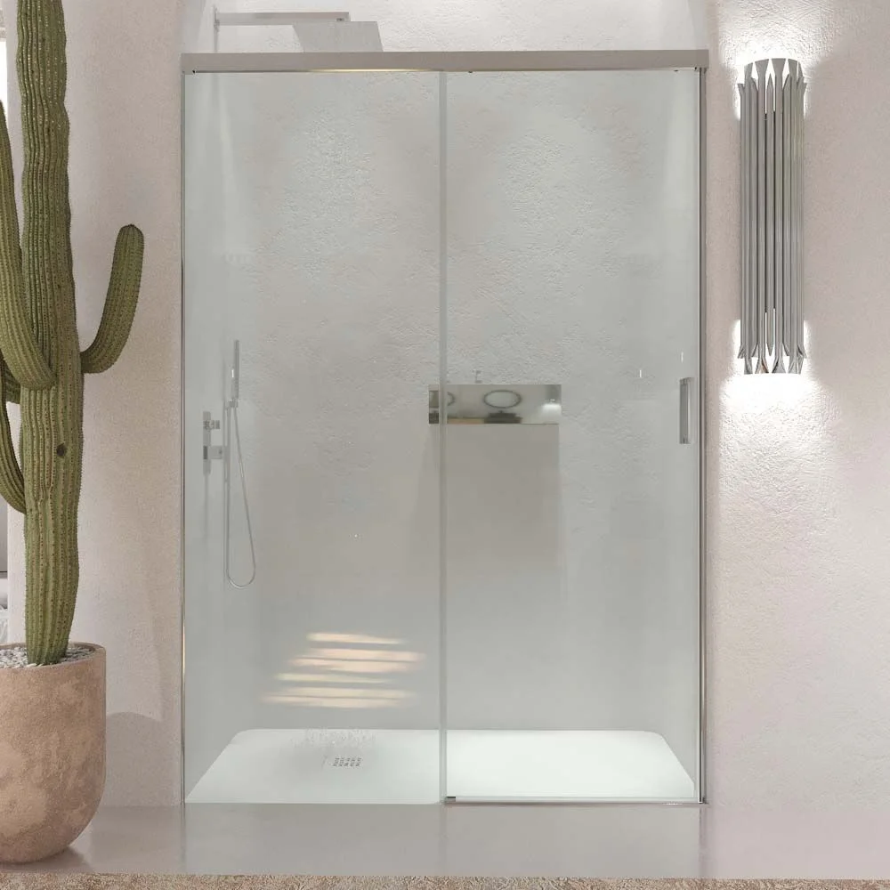 Paroi de douche frontale TECH STEEL 1 fixe – 1 porte coulissante vitrée 8 mm. ACIER INOXIDABLE