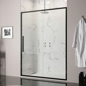 Paroi de douche avant VISION 1 fixe -1 porte coulissante. Avec traitement anti-calcaire. Finition NOIR MAT.