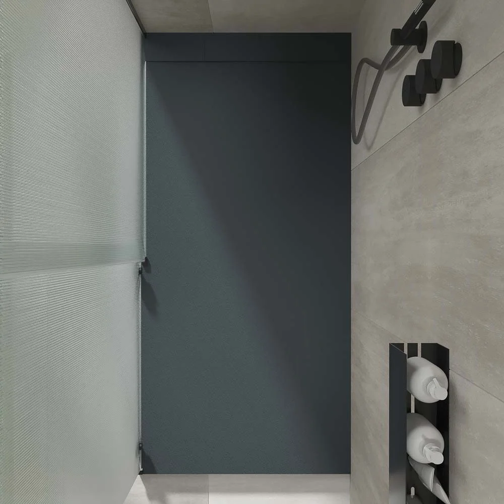 PLASTER Receveur de douche en résine graphite – RAL 7016 – texture ardoise – antibactérien et antidérapant. grille cachée