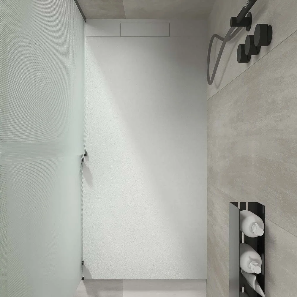 Receveur de douche PLASTER Arena en résine – RAL 7035 – texture ardoise – antibactérien et antidérapant. grille cachée