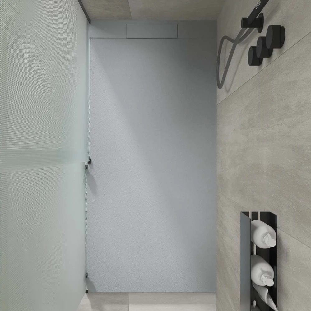 Receveur de douche en résine PLASTER Gris Ciment – RAL 7040 – texture ardoise – antibactérien et antidérapant. grille cachée
