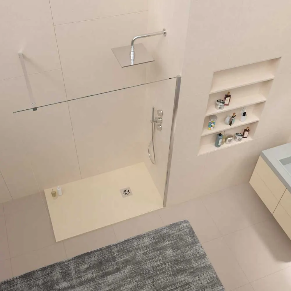 Receveur de douche en résine ONE Blanc Ivoire RAL 1015 et autres couleurs avec texture ardoise antibactérienne et antidérapante. grille en acier inoxydable – Image 3