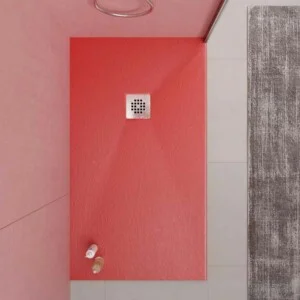Receveur de douche en résine ONE Rouge RAL 3020 et autres couleurs avec texture ardoise antibactérienne et antidérapante. grille en acier inoxydable