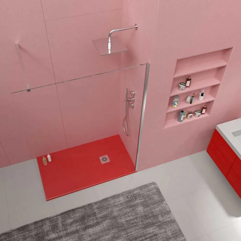 Receveur de douche en résine ONE Rouge RAL 3020 et autres couleurs avec texture ardoise antibactérienne et antidérapante. grille en acier inoxydable – Image 2