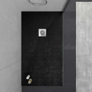 Receveur de douche en résine ONE Noir RAL 9005 et autres couleurs avec texture ardoise antibactérienne et antidérapante. grille en acier inoxydable