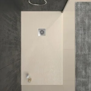 Receveur de douche en résine ONE Crème RAL 1013 et autres couleurs avec texture ardoise antibactérienne et antidérapante. Grille en acier inoxydable