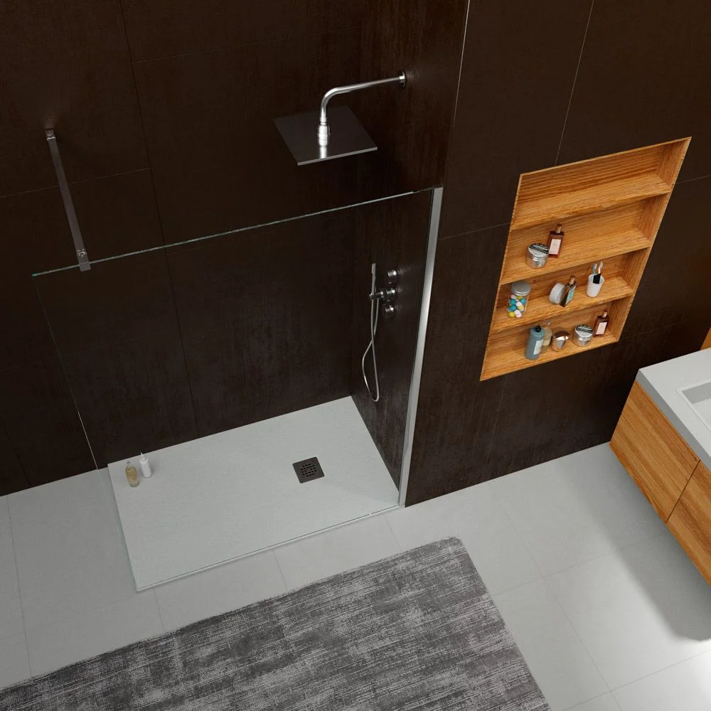 Receveur de douche en résine ONE Sable RAL 7035 et autres couleurs avec texture ardoise antibactérienne et antidérapante. Grille en acier inoxydable – Image 2