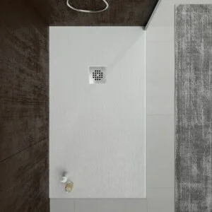 Receveur de douche en résine ONE Sable RAL 7035 et autres couleurs avec texture ardoise antibactérienne et antidérapante. Grille en acier inoxydable