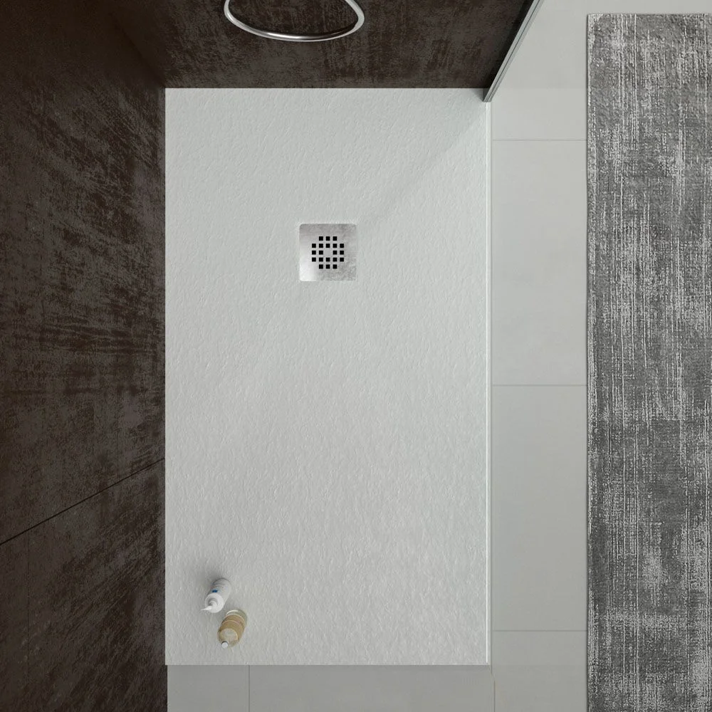 Receveur de douche en résine ONE Sable RAL 7035 et autres couleurs avec texture ardoise antibactérienne et antidérapante. Grille en acier inoxydable