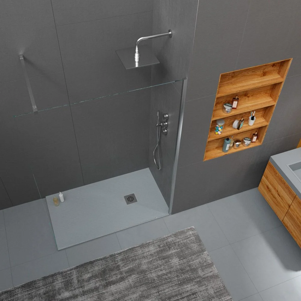Receveur de douche en résine ONE Gris RAL 7040 et autres couleurs avec texture ardoise antibactérienne et antidérapante. grille en acier inoxydable – Image 2