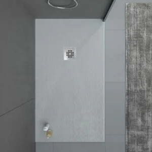 Receveur de douche en résine ONE Gris RAL 7040 et autres couleurs avec texture ardoise antibactérienne et antidérapante. grille en acier inoxydable