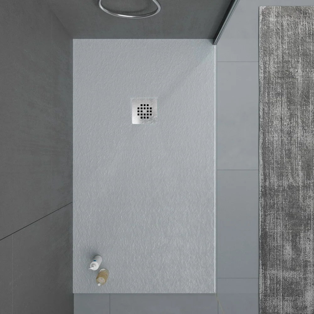 Receveur de douche en résine ONE Gris RAL 7040 et autres couleurs avec texture ardoise antibactérienne et antidérapante. grille en acier inoxydable