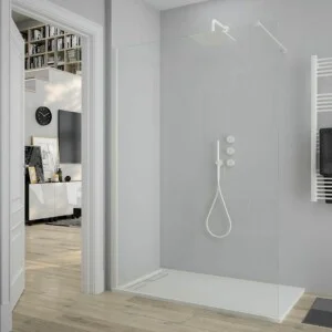 Paroi de douche fixe ZEN Profil Blanc Mat - Verre 8 MM avec traitement anticalcaire inclus - Bras de fixation en inox. extensible. - 70x200 cm.