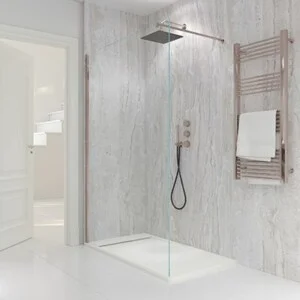 Paroi de douche fixe ZEN Profil Or Rose - Verre 8 MM avec traitement anticalcaire inclus - Bras de fixation en inox. extensible