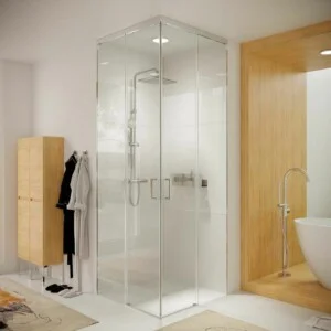 Panneau de douche carré TECH HIGH 2 portes fixes - 2 portes coulissantes en verre de 8 mm. Acier inoxydable à partir du plafond - 81-100 x 81-100