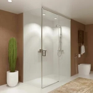TECH HIGH panneau de douche rectangulaire 1 fixe - 1 porte coulissante + 1 verre fixe 8 mm. ACIER INOXYDABLE Plafond