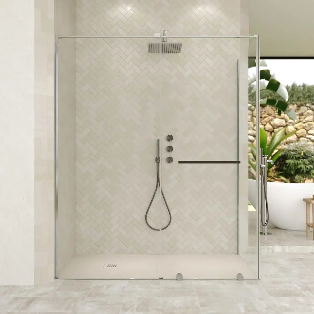 Paroi de douche rectangulaire VERONA ouverture frontale 1 fixe - 1 porte coulissante avec roulettes inférieures + 1 fixe finition CHROME BRILLANT