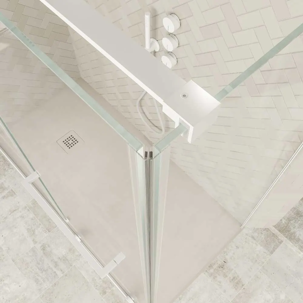 Paroi de douche rectangulaire VERONA ouverture frontale 1 fixe - 1 porte coulissante avec roulettes inférieures + 1 fixe finition BLANC MAT – Image 7