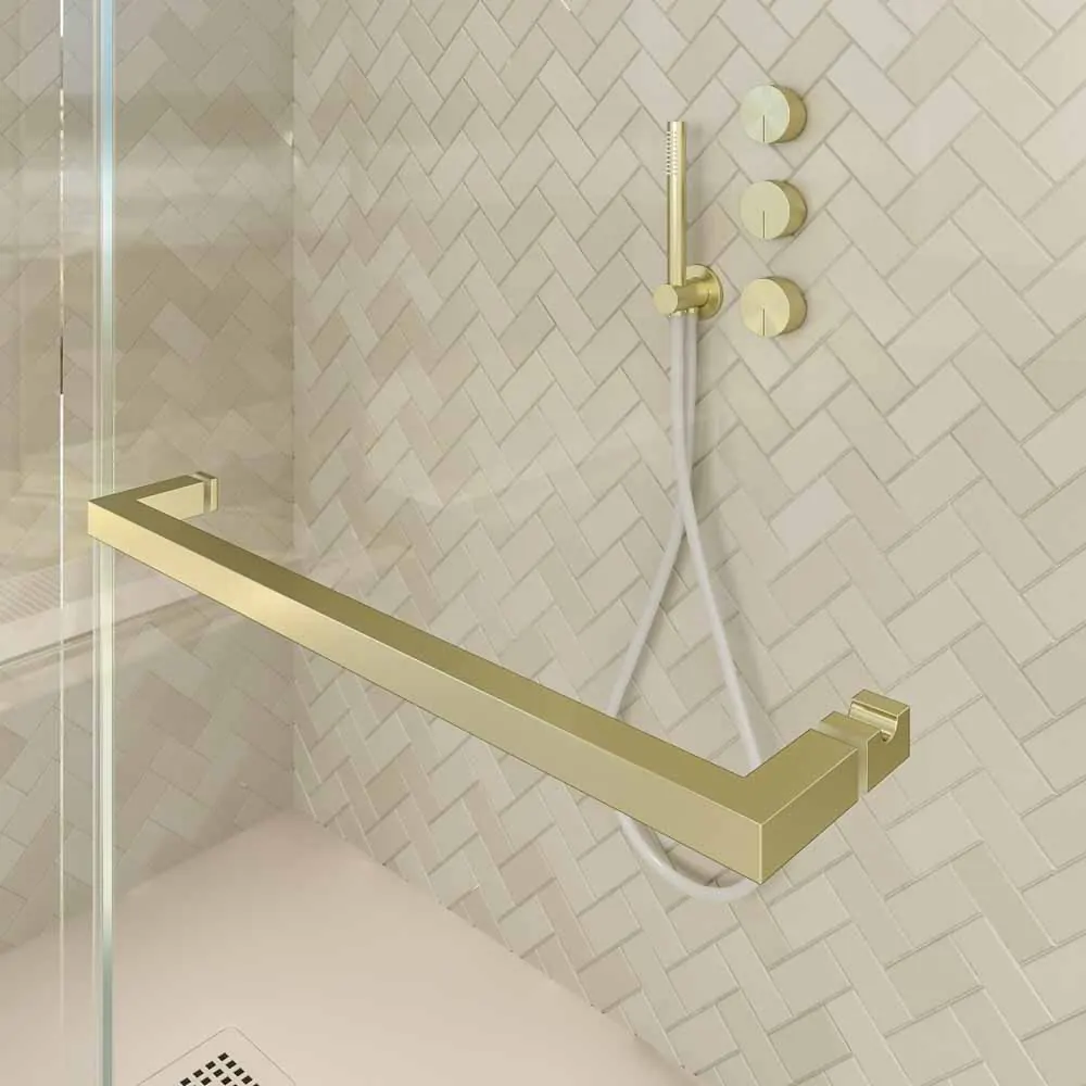 Paroi de douche rectangulaire VERONA ouverture frontale 1 fixe - 1 porte coulissante avec roulettes inférieures + 1 fixe finition OR MAT – Image 4