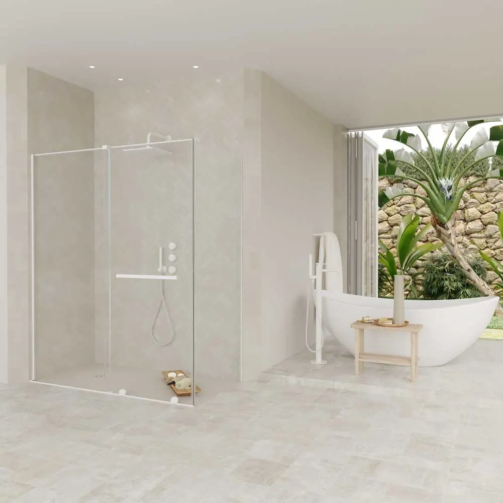 Paroi de douche rectangulaire VERONA ouverture frontale 1 fixe - 1 porte coulissante avec roulettes inférieures + 1 fixe finition BLANC MAT – Image 5