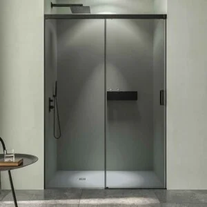 Cabine de douche TECH STEEL 1 façade fixe – 1 porte coulissante Parsol Gris – Inox NOIR MAT