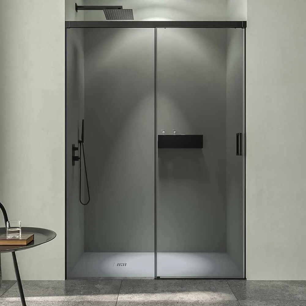 Cabine de douche TECH STEEL 1 façade fixe – 1 porte coulissante Parsol Gris – Inox NOIR MAT