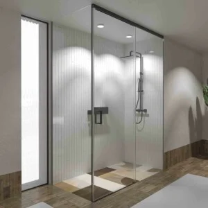 Paroi de douche de plafond rectangulaire TECH HIGH 1 fixe – 1 porte coulissante + 1 verre fixe 8 mm. ACIER INOXYDABLE finition NOIR MAT