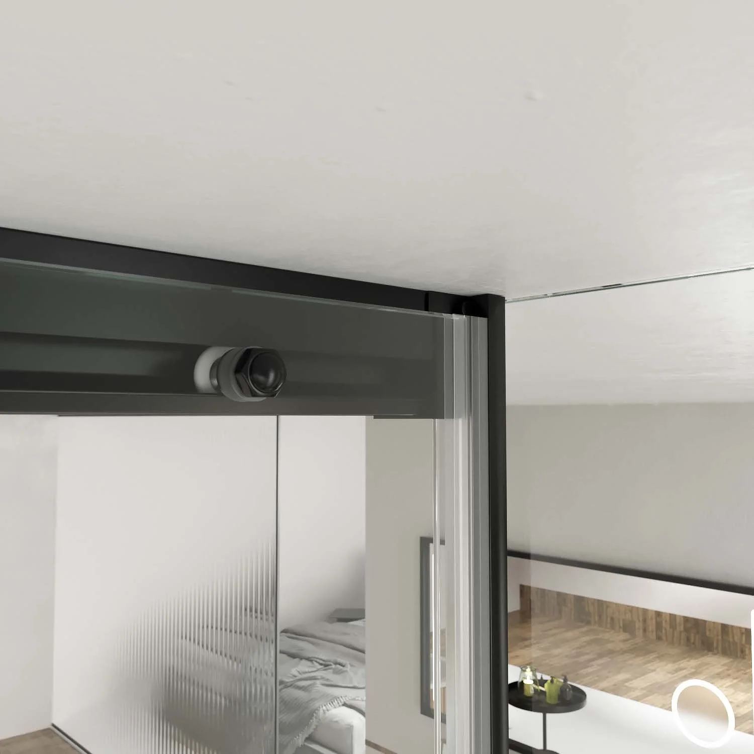 Paroi de douche de plafond rectangulaire TECH HIGH 1 fixe – 1 porte coulissante + 1 verre fixe 8 mm. ACIER INOXYDABLE finition NOIR MAT – Image 5