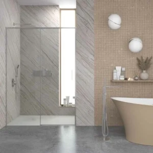 Paroi de douche frontale fixe NEXO 1 – 1 porte coulissante Profil MINIMALISTE Chrome brillant