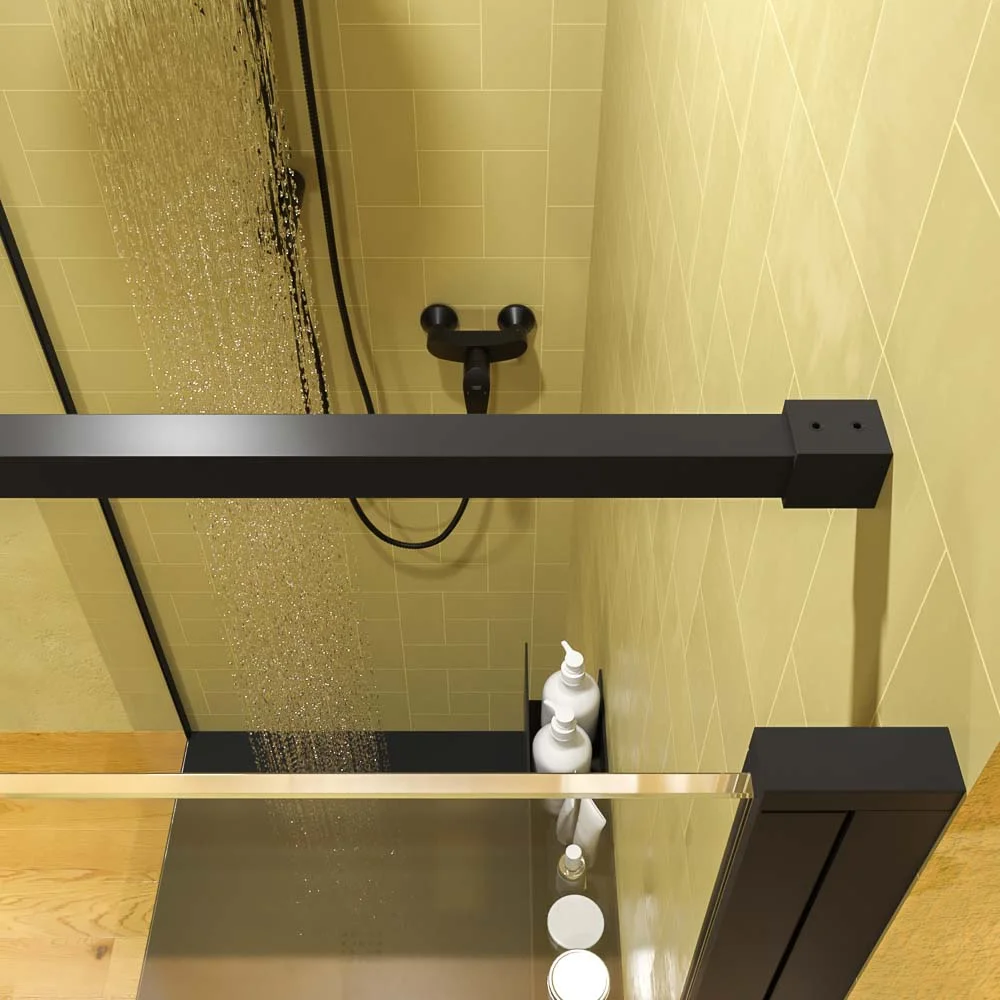 Paroi de douche rectangulaire OPEN 1 fixe – 1 porte battante sur mesure. NOIR MAT – Image 3