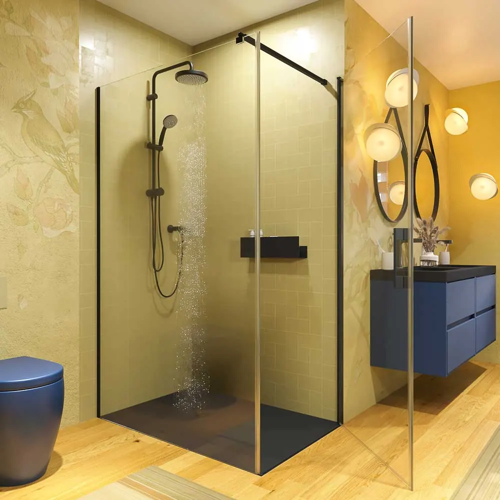 Paroi de douche rectangulaire OPEN 1 fixe – 1 porte battante sur mesure. NOIR MAT