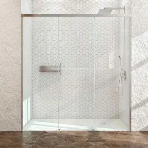 Cabine de douche frontale BASIC 2 fixes – 1 porte centrale coulissante. CHROMÉ BRILLANT