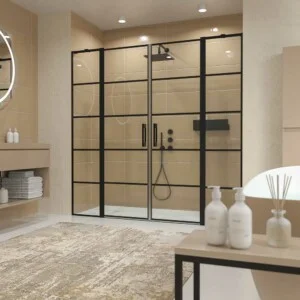 Paroi de douche frontale OPEN 2 fixes – 2 portes battantes au décor industriel. NOIR MAT