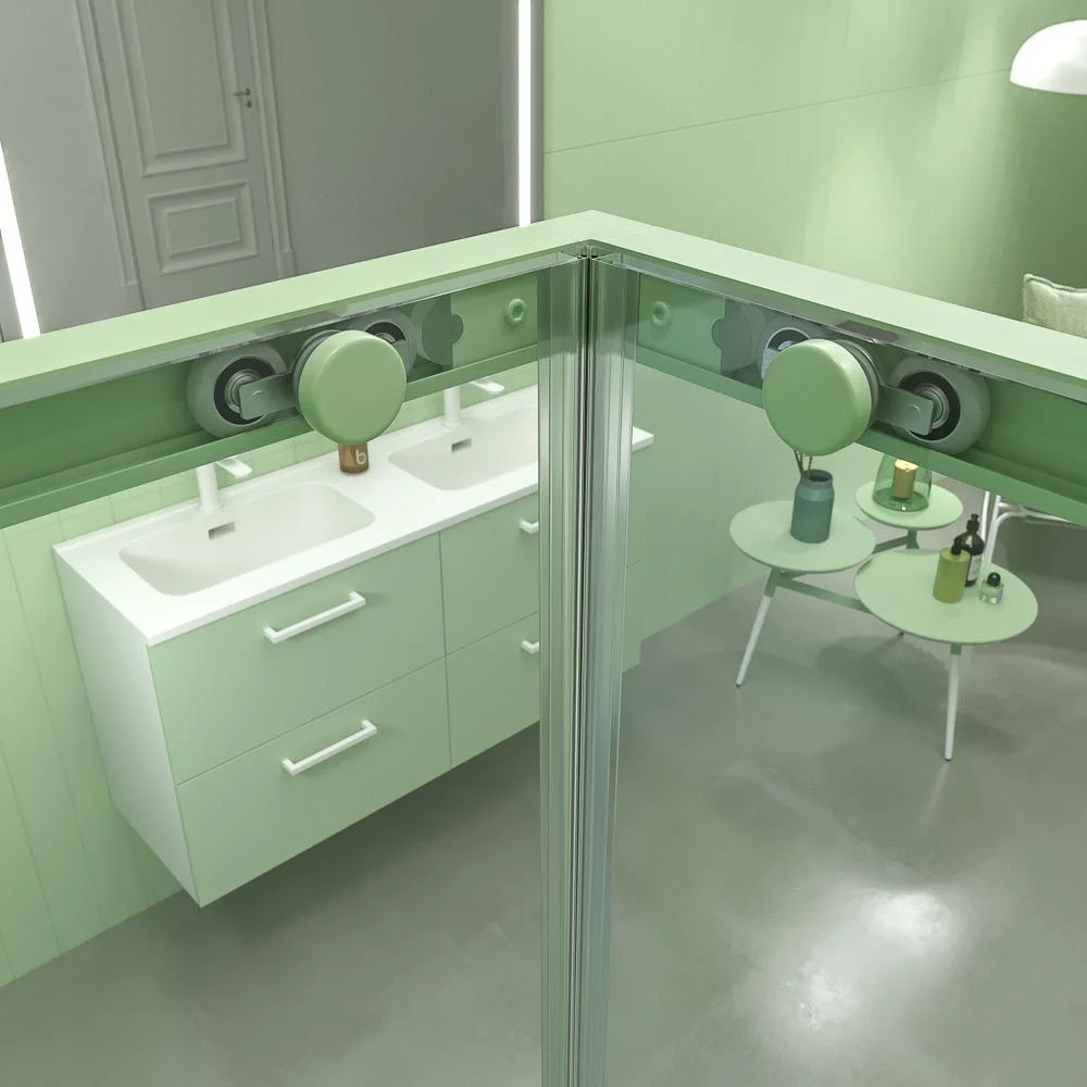 Paroi de douche carrée NEXO ouverture angulaire 2 fixes-2 portes coulissantes finition OPAL GREEN – Image 2