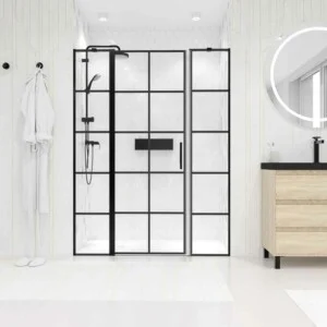 Paroi de douche frontale OPEN 2 fixe – 1 porte battante sérigraphie industrielle. Finition NOIR MAT