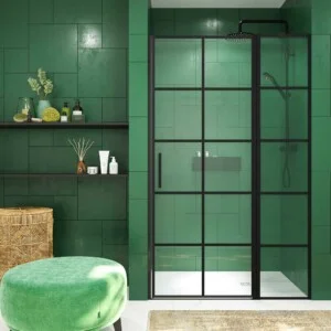 Paroi de douche frontale OPEN 1 fixe – 1 porte battante sérigraphie industrielle NOIR MAT