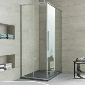 Paroi de douche rectangulaire VISION 2 fixe - 2 portes coulissantes. Avec traitement anti-calcaire. Finition CHROME BRILLANT