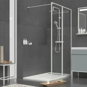 Paroi de douche fixe sur mesure LINE avec profilés encadrés 2 corps – Verre 4 MM avec traitement anticalcaire inclus- Bras de fixation en inox.