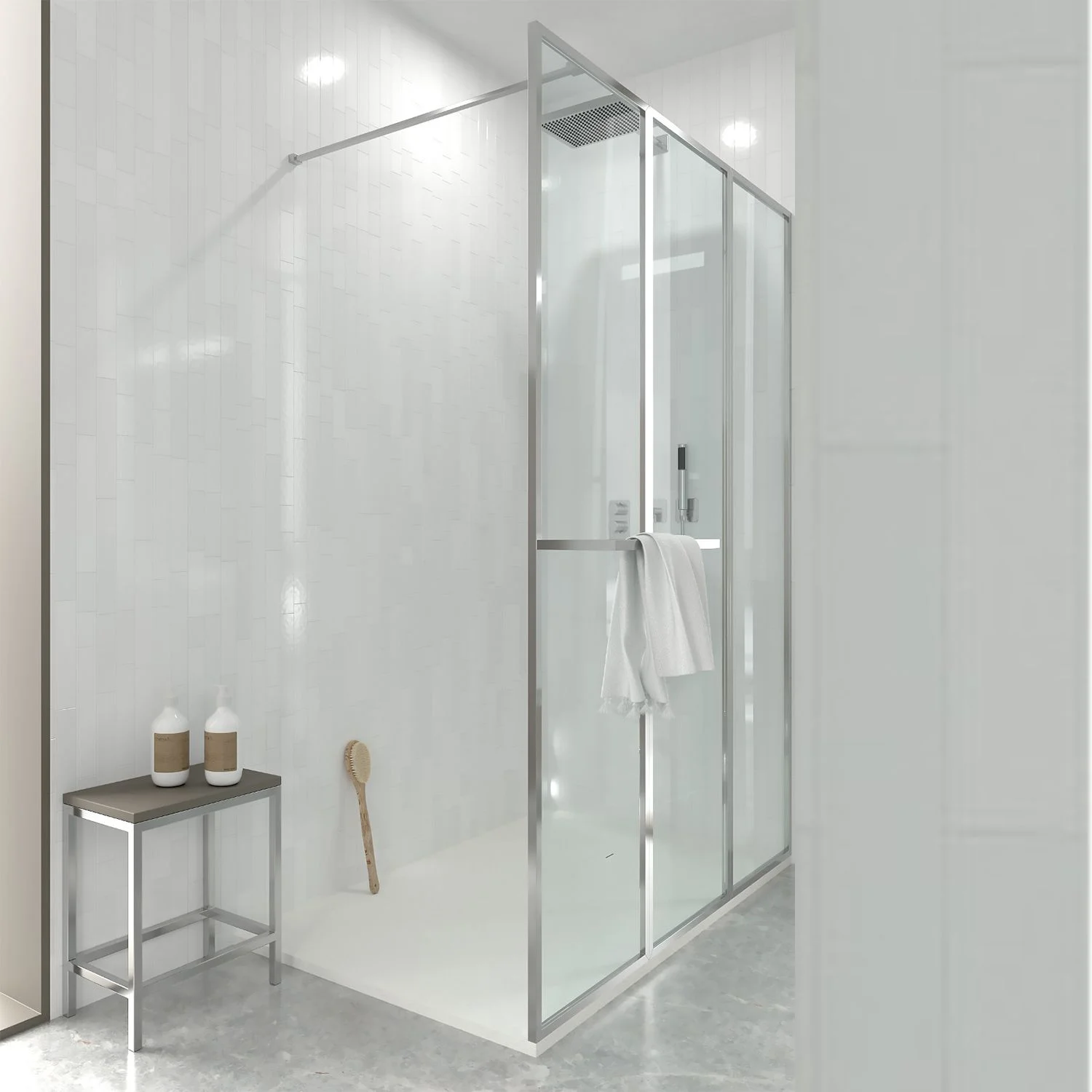 Paroi de douche fixe sur mesure LINE S avec profilés cadrés 3 corps - Verre 4 MM avec traitement anticalcaire inclus - Bras de fixation en inox. – Image 2