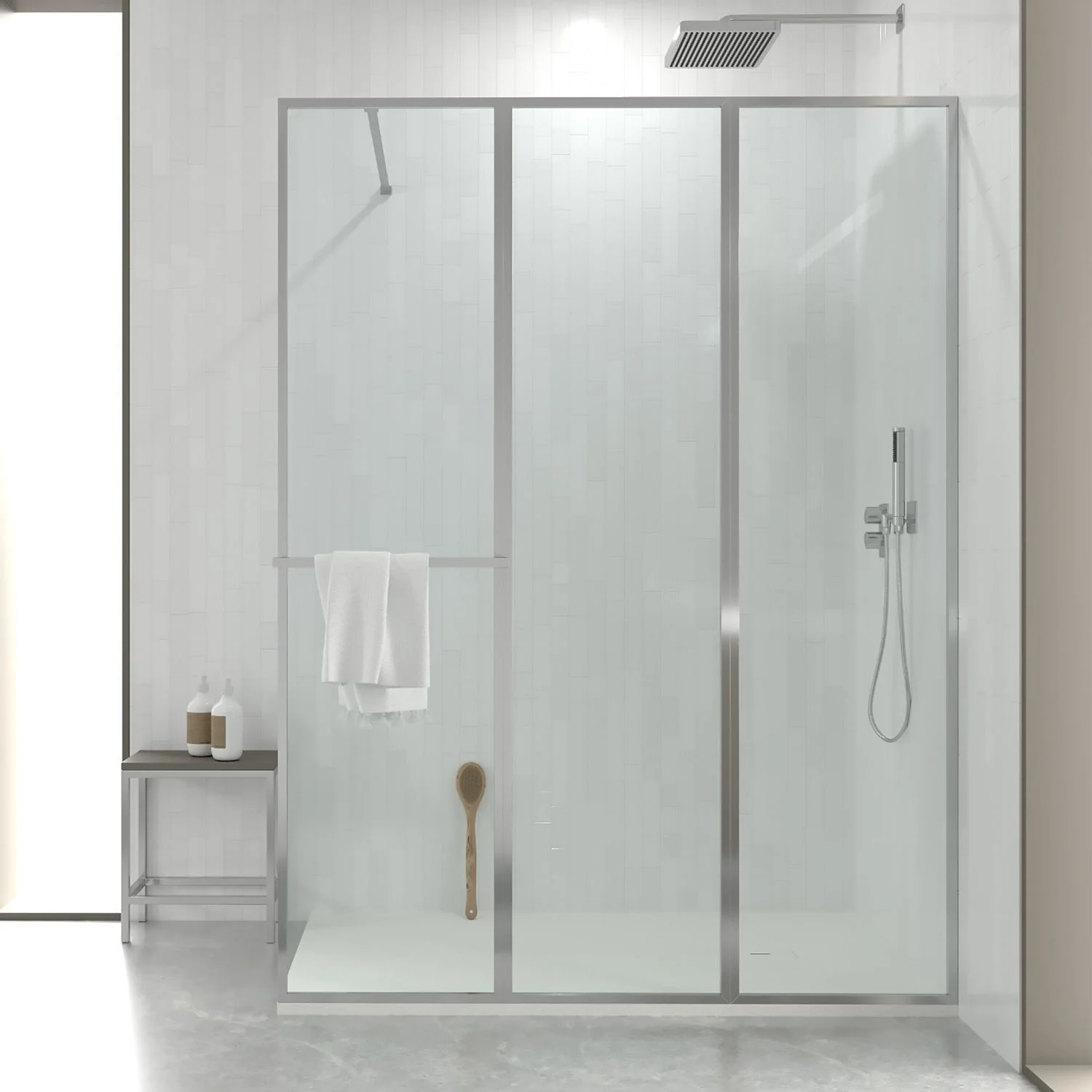 Paroi de douche fixe sur mesure LINE S avec profilés cadrés 3 corps - Verre 4 MM avec traitement anticalcaire inclus - Bras de fixation en inox.