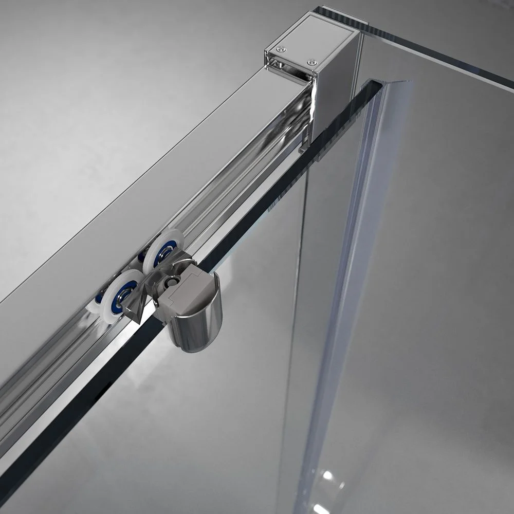 Paroi de douche rectangulaire FLARE ouverture frontale 1 fixe - 1 porte coulissante + 1 fixe. Pas de profil inférieur. Avec traitement anti-calcaire. Finition CHROME BRILLANT – Image 2
