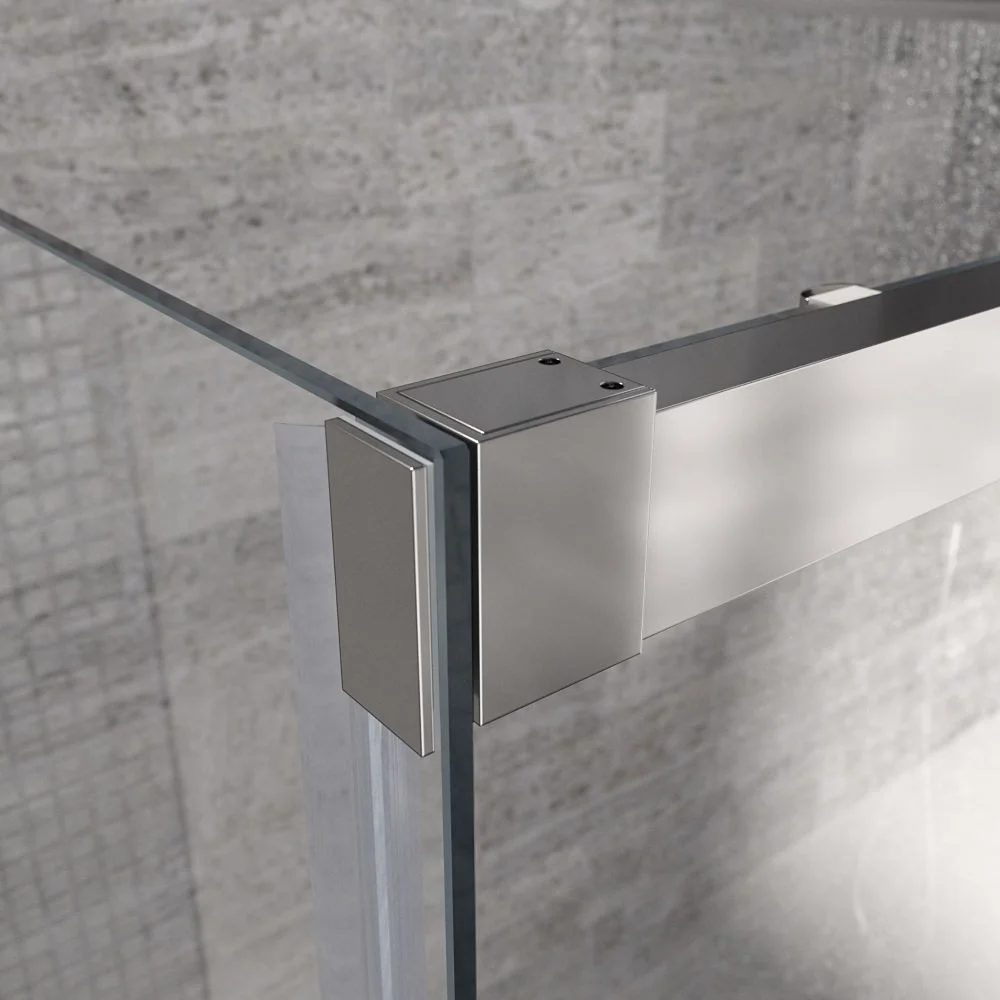 Paroi de douche rectangulaire FLARE ouverture frontale 1 fixe - 1 porte coulissante + 1 fixe. Pas de profil inférieur. Avec traitement anti-calcaire. Finition CHROME BRILLANT – Image 3