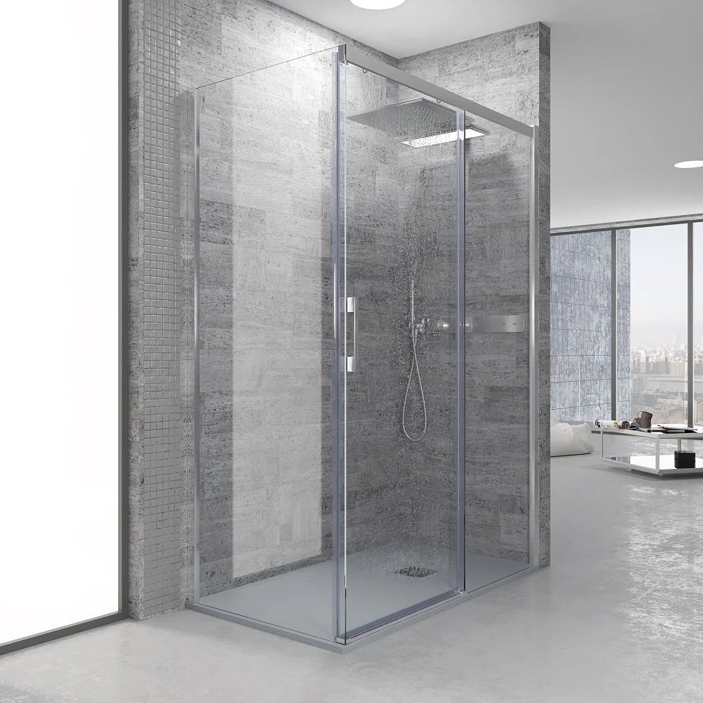 Paroi de douche rectangulaire FLARE ouverture frontale 1 fixe - 1 porte coulissante + 1 fixe. Pas de profil inférieur. Avec traitement anti-calcaire. Finition CHROME BRILLANT