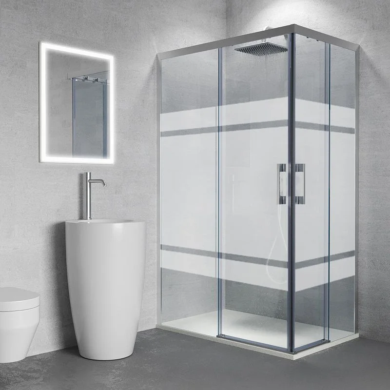 Paroi de douche rectangulaire FLARE ouverture angulaire 2 fixes-2 portes coulissantes SILKSCREEN. Pas de profil inférieur. Avec traitement anti-calcaire. Finition CHROME BRILLANT – Image 2