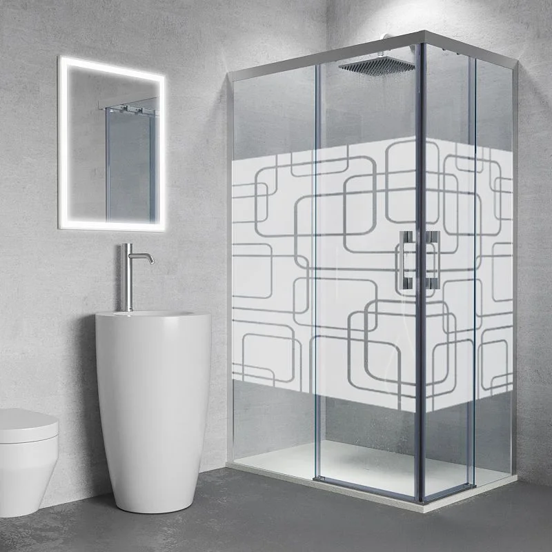 Paroi de douche rectangulaire FLARE ouverture angulaire 2 fixes-2 portes coulissantes SILKSCREEN. Pas de profil inférieur. Avec traitement anti-calcaire. Finition CHROME BRILLANT – Image 3